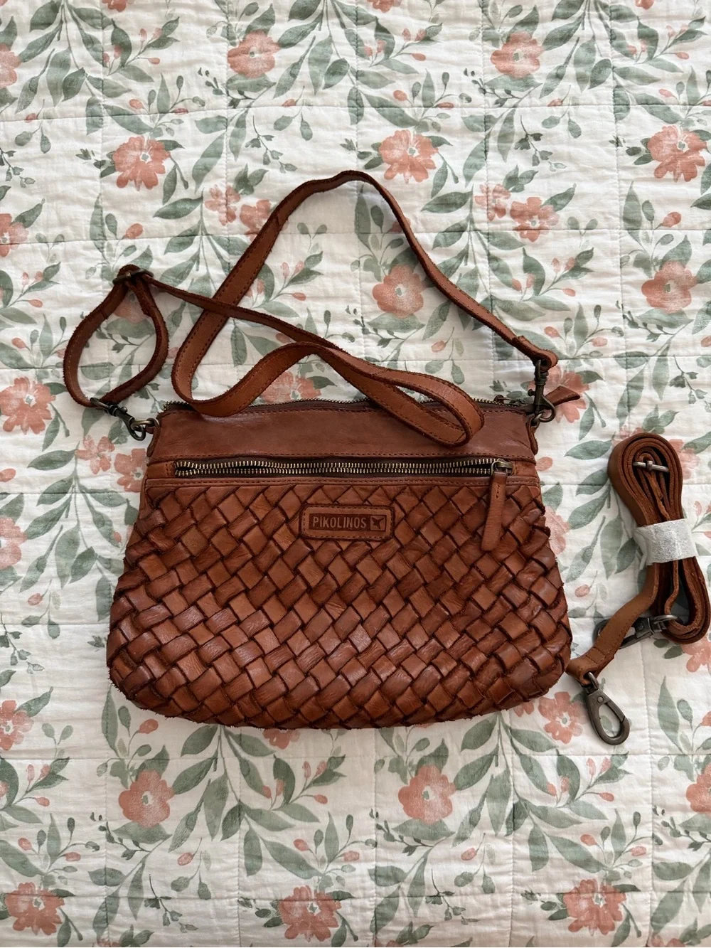 PIKOLINOS Woven Leather Crossbody Bag in Cognac Brown
